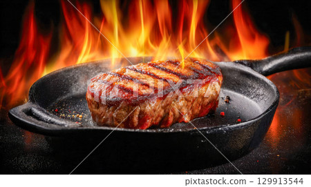 Juicy steak grilled on cast iron skillet with rising flames, hot cooking scene 129913544