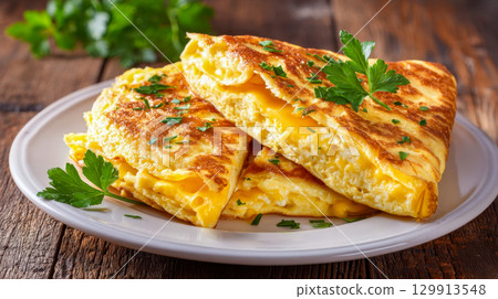 Cheese and fresh herb omelette, golden brown eggs stuffed with melted cheese, on a rustic plate 129913548