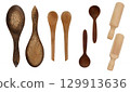 Collection of different wooden spoons, measuring scoop, spatulas, front and back top view. Isolated on white background 129913636