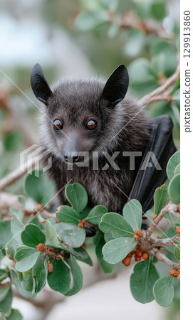 Adorable baby bat perched among lush green leaves in natural habitat 129913860