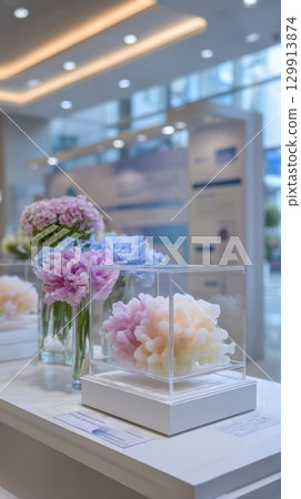 Elegant display of pastel flowers in modern glass cases at bright exhibition. Fungal Disease Awareness Week 129913874