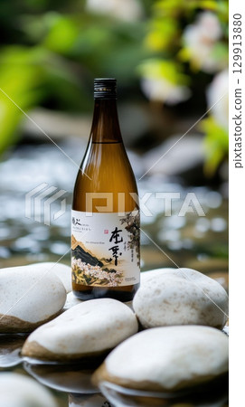 Japanese sake bottle by tranquil stream with rocks and foliage. World Sake Day 129913880