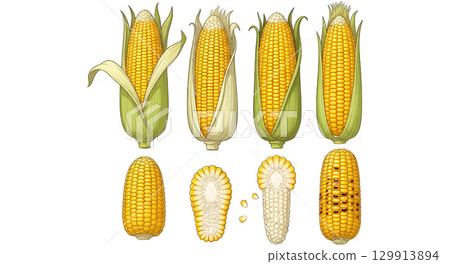 Set of sweetcorn fruit cartoon design. Set of sweetcorn fruit cartoon design. 129913894