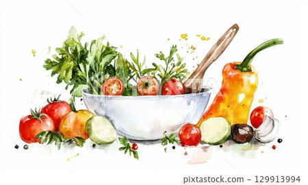 Watercolor illustration of fresh vegetable salad with tomatoes and bell peppers in a bowl. National Cookbook Month 129913994