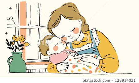 一位母親輕輕擁抱她的嬰兒的插圖 129914021