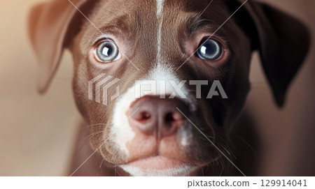 Close-up of adorable brown and white puppy with curious expression. Pitbull Awareness Month 129914041