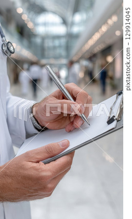 Male doctor writing on clipboard in a hospital corridor. Long Term Care Planning Month 129914045