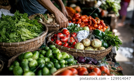 Fresh produce baskets at a vibrant outdoor market stall. Fair Trade Month Fresh produce baskets at a vibrant outdoor market stall. Fair Trade Month 129914047