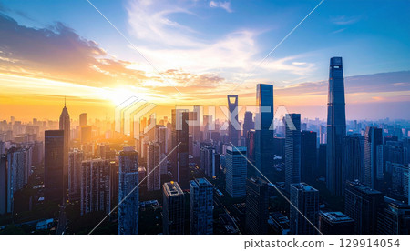 Scenery of skyscrapers as the sun rises 129914054