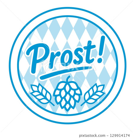 Blue and white Oktoberfest badge with hop cone wheat and text prost on Bavarian diamond background in festive round design 129914174