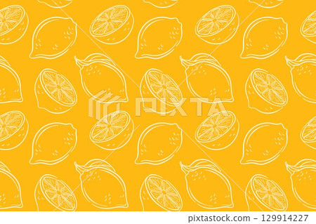 Seamless lemon pattern with whole and sliced lemon on yellow background in line art style. Perfect for summer package, kitchen wallpaper, textile and healthy food decor. Seamless lemon pattern with whole and sliced lemon on yellow background in line art style. Perfect for summer package, kitchen wallpaper, textile and healthy food decor. 129914227