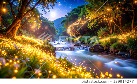Fireflies dancing along the riverside and murmuring 129914277