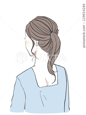 Illustration material: hairstyle, ponytail, back view 129914284