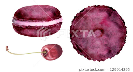Macarons with mousse filling, marzipan cake pastry and sweet cherries in watercolor. Isolated hand drawn illustration. Posters, food blog icons, dessert packaging, paper goods, confectionery shop. 129914295