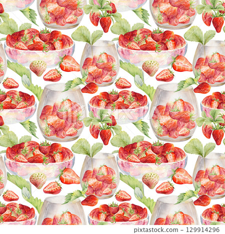 Strawberry with leaves in glass bowls,full and cut in half hand drawn in watercolor, scattered ripe picked berry harvest. Isolated seamless pattern. Dessert cafe menu, textile, craft farmers market 129914296