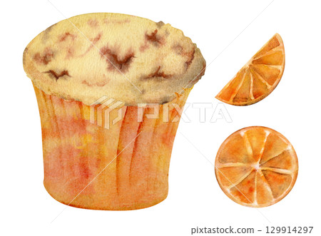 Cupcake muffin pastry, sponge cake in paper wrapper cup with candied orange slice, hand drawn in watercolor. Citrus menu, recipe cards, party menu layouts, food festival invitation cards and flyers. Cupcake muffin pastry, sponge cake in paper wrapper cup with candied orange slice, hand drawn in watercolor. Citrus menu, recipe cards, party menu layouts, food festival invitation cards and flyers. 129914297