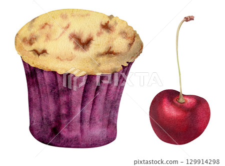 Watercolor cupcake in paper frilled holder, muffin in parchment wrapper with ripe cherry berry. Clipart for festive food labels, cafe and bistro dessert bundles, recipe visuals, bakery sticker packs. 129914298