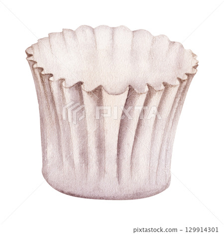 Cupcake paper liner, muffin wrapper, petit four cup, parchment tart shell, origami ramekin mold. Isolated illustration hand drawn in watercolor. Artisanal bakery packaging, stationery, scrapbooking Cupcake paper liner, muffin wrapper, petit four cup, parchment tart shell, origami ramekin mold. Isolated illustration hand drawn in watercolor. Artisanal bakery packaging, stationery, scrapbooking 129914301