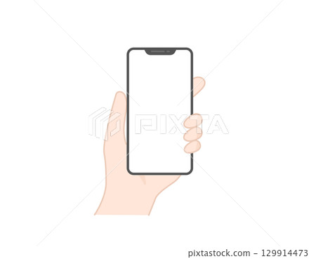 Illustration of a hand holding a smartphone with a white screen (for mockups and frames) 129914473