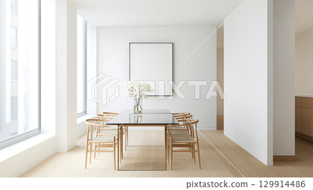 Minimalist dining room with glass table and wooden chairs in bright, modern interior 129914486