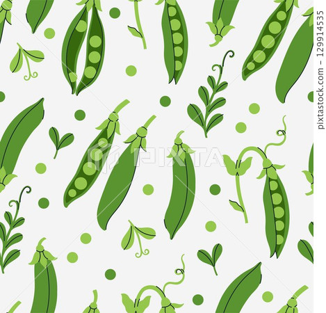 Seamless pattern with green peas on a white background. Vector graphics. 129914535