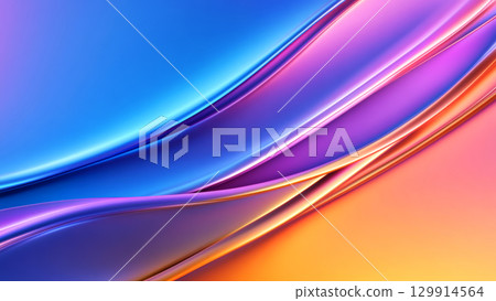 Vibrant abstract neon glowing waves in blue and orange hues with smooth gradient transitions. 129914564