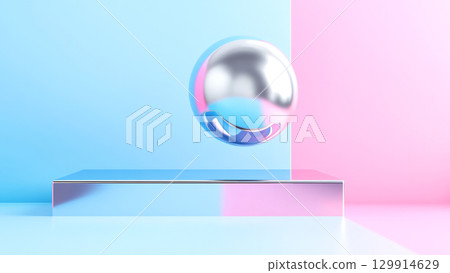 Floating silver sphere with reflective surface on geometric platform against blue and pink background 129914629
