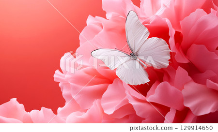 White butterfly gently resting on vibrant pink flower petals White butterfly gently resting on vibrant pink flower petals 129914650