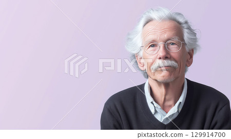 Thoughtful senior man with gray hair and glasses against a soft copy space background 129914700