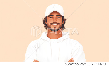 Cheerful man wearing white cap and hoodie, exuding confidence 129914701