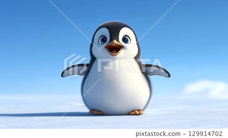 Cute baby penguin cartoon character happily standing on icy terrain Cute baby penguin cartoon character happily standing on icy terrain 129914702