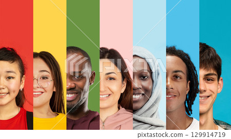 Portrait lineup of diverse individuals with joyful emotion on multicolor background stripes 129914719