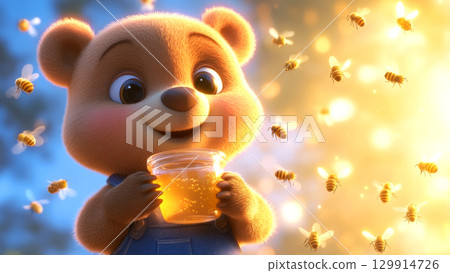 Adorable bear cartoon character holding honey surrounded by flying bees in warm sunlight 129914726