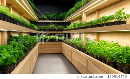 Vibrant indoor herb garden with sleek wooden shelves and led lighting 129914733