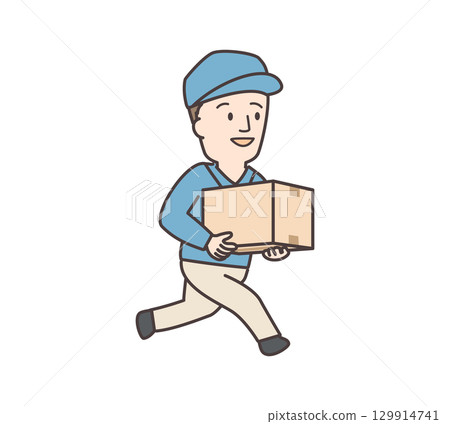 Illustration of a male delivery man running with a cardboard box 129914741