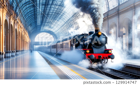 Vintage steam locomotive releasing smoke inside a grand architectural station 129914747