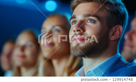 Enthralled audience members attentively watching a presentation 129914748