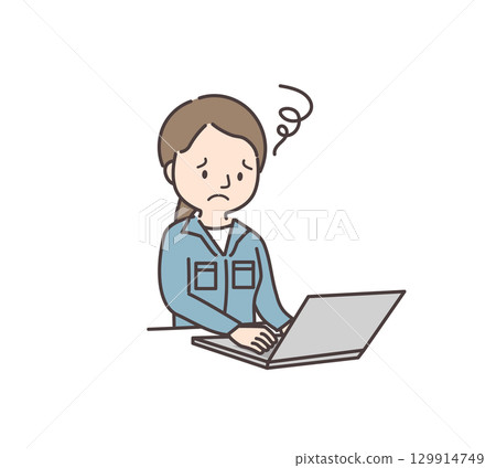Illustration of a young worker worried in front of a computer 129914749