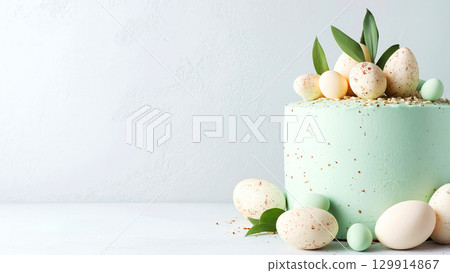 Pastel cake adorned with speckled eggs and green leaves on light copy space background, perfect for spring celebrations 129914867