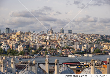 The skyline of Istanbul reveals a blend of modern and historic buildings along The skyline of Istanbul reveals a blend of modern and historic buildings along 129915046