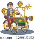 Grandpa inventor on fancy bicycle isolated on white background. 129915152