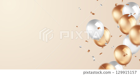 Beautiful banner illustration vector template, 3D gold and white balloons design background. 129915157