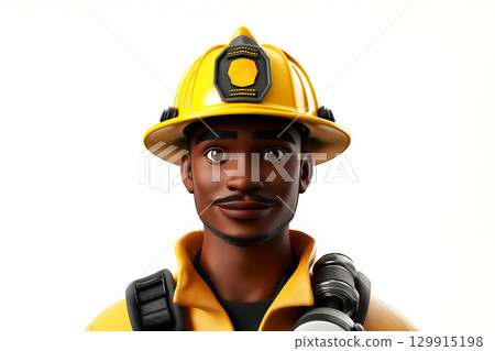 Confident firefighter person wearing a helmet and protective gear, embodying safety and service. Cute cartoon character in 3d style design 129915198