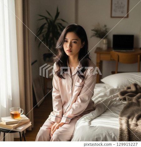 一位年輕的日本女子穿著睡衣在房間裡休息 129915227
