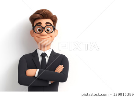 Portrait of happy businessman wearing suit and glasses, crossing his arms and smiling. Funny cartoon character in 3d style design 129915399