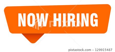 now hiring sticker. now hiring orange sign isolated on transpatent background 129915487