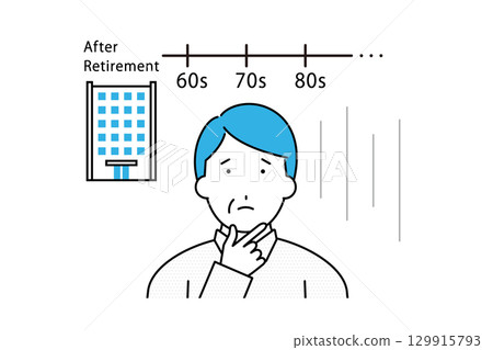Illustration of a middle-aged man thinking about life after retirement 129915793