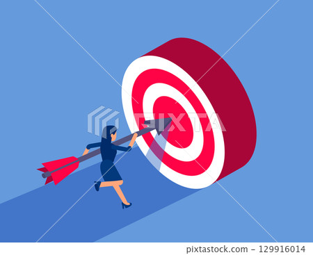 Businesswoman holding an arrow rushing towards. Flat isometric vector concept 129916014