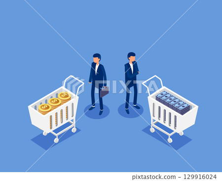 Business team in the financial market calculates the property of his shopping cart and decides to buy or sell. Flat isometric vector concept 129916024
