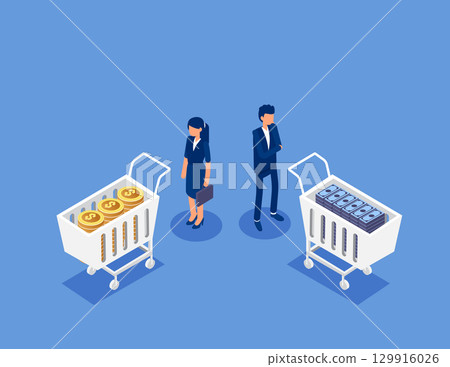 Business team in the financial market calculates the property of his shopping cart and decides to buy or sell. Flat isometric vector concept 129916026